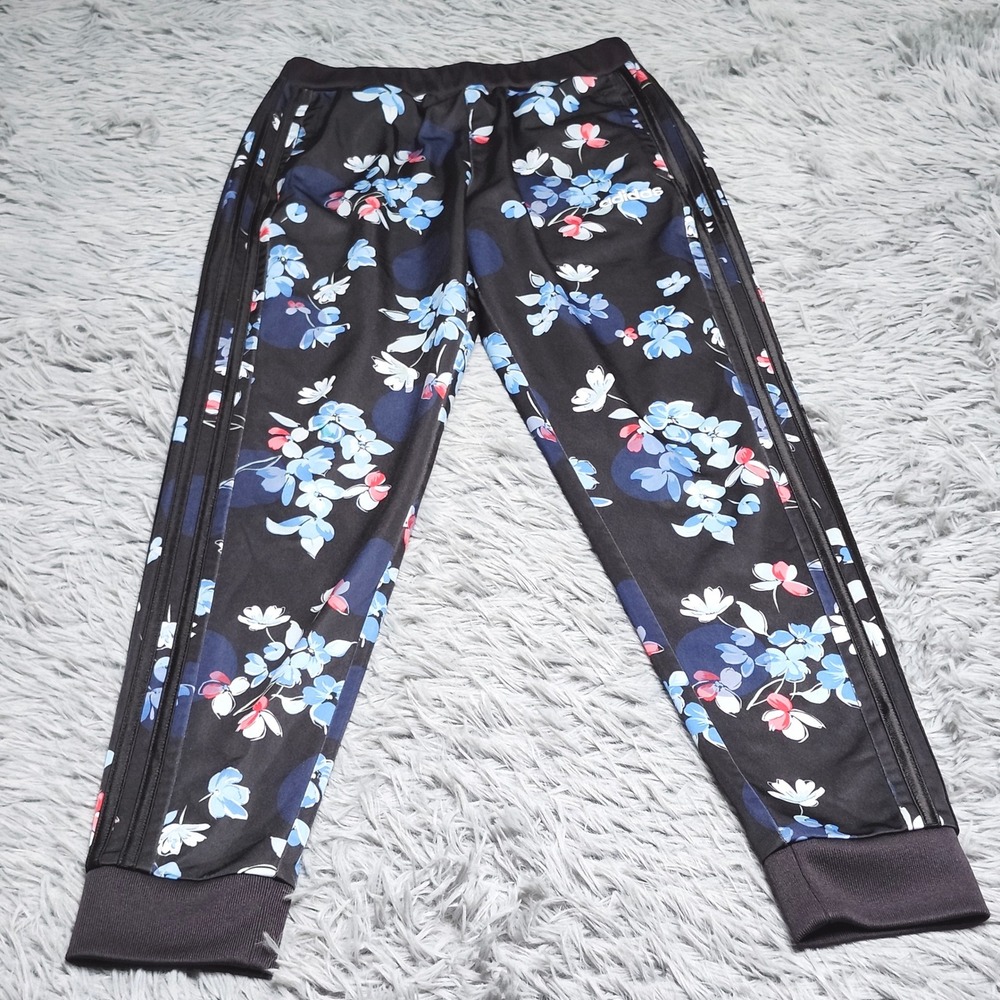 Adidas Floral Tricot Jogger Pants Girls‎ Large 14 Black Blue Flower Activewear